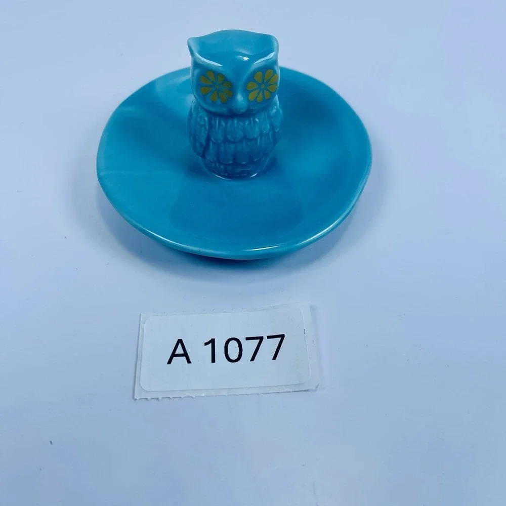 Ceramic Blue Owl Round Trinket Jewelry Holder Dish